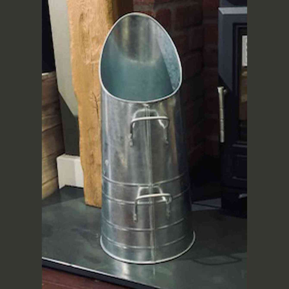 Frontal tapered zinc coal scuttle with U-shaped metal handles