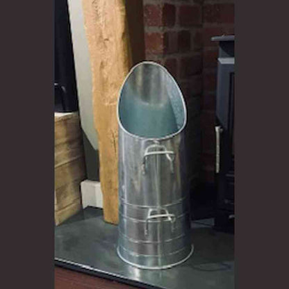 Full view of 53.5cm tall zinc coal bucket with reinforcing bands