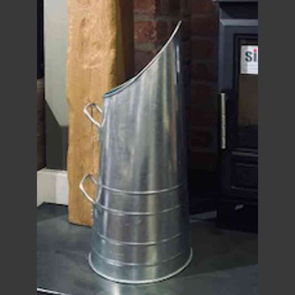 Rear three-quarter view of traditional zinc coal bucket design