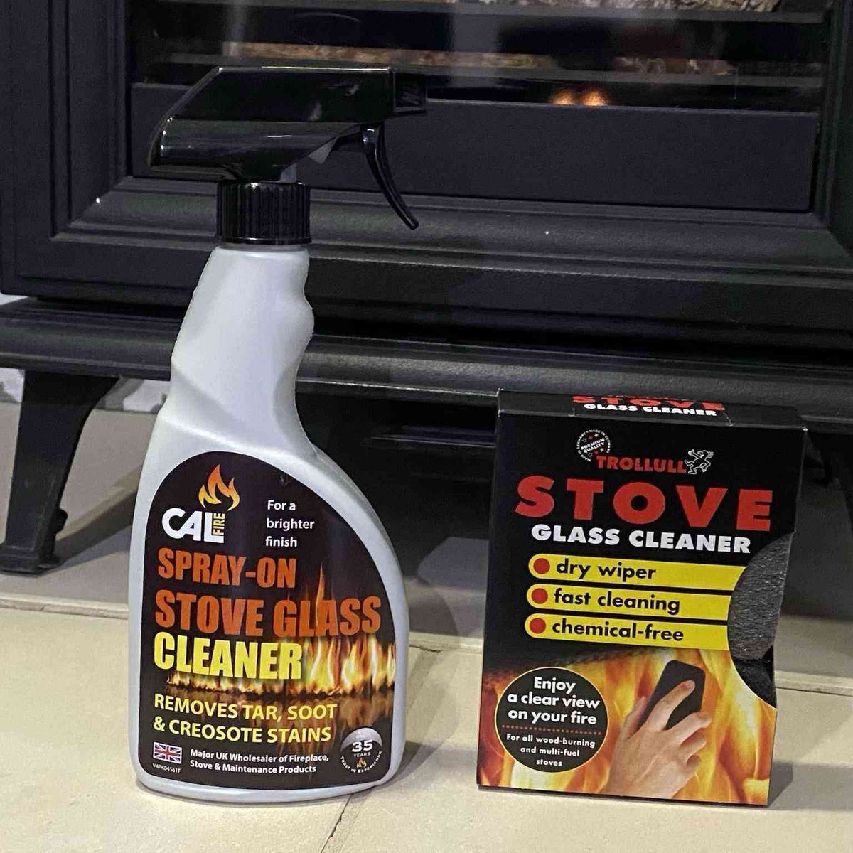 Trollull Calfire spray-on stove glass cleaner removing tar and creosote stains from fireplace