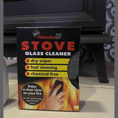 Trollull stove glass cleaner box showing dry wiper feature and UK made seal