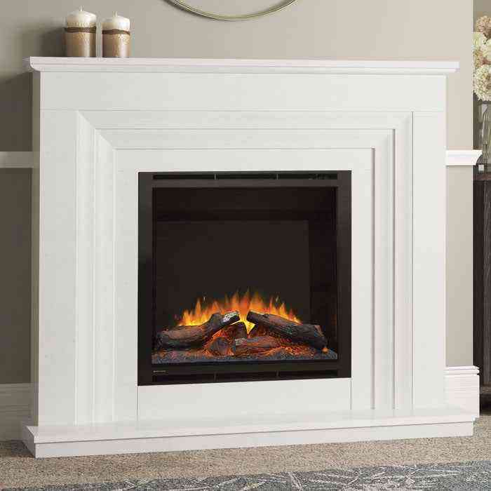 White micro marble fireplace suite with mantel candles in traditional beige room