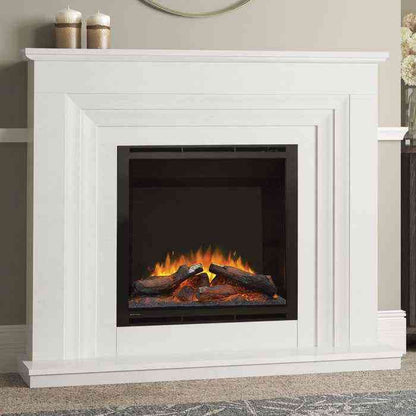 White micro marble fireplace suite with mantel candles in traditional beige room