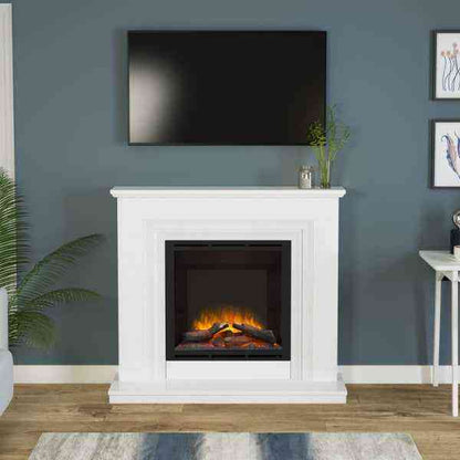 Vitalia 48 inch white marble electric fireplace suite installed under TV in living room