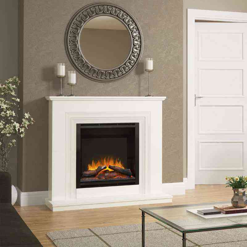 Vitalia white marble electric fireplace suite with wide mantel and ornate mirror