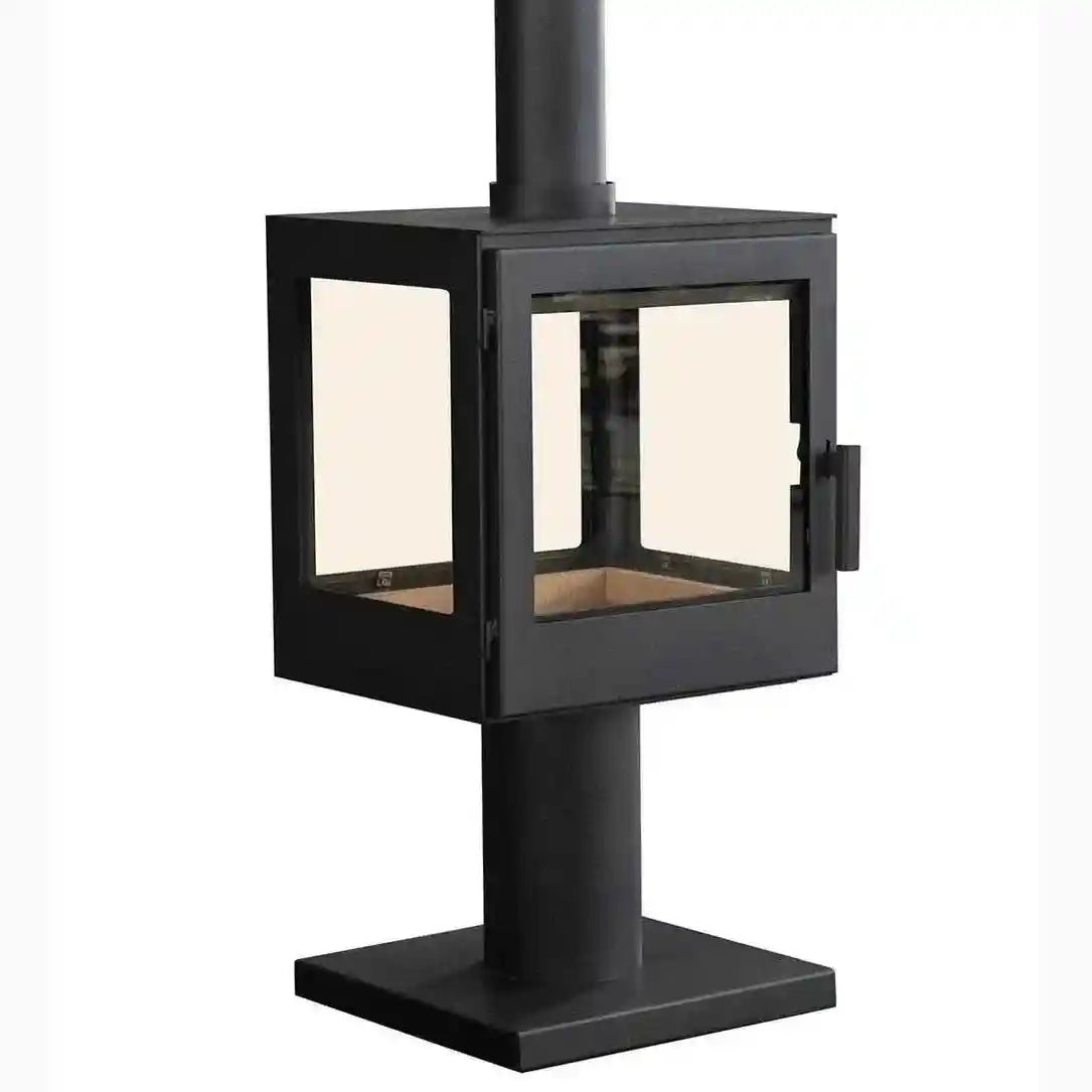 Closed black Woodford patio heater with front handle and flat top surface