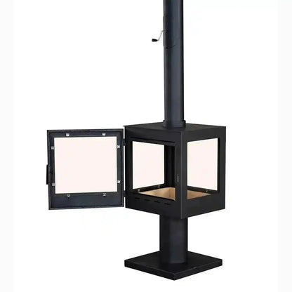 Black Woodford garden stove open door showing empty firebox and side crank