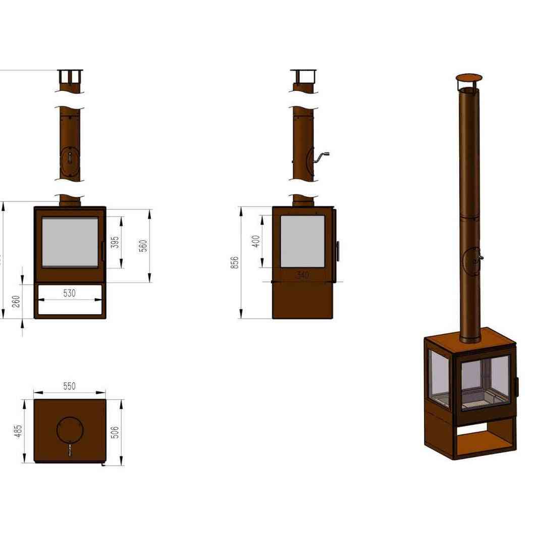 Woodford Garden wood burning stove technical diagram with dimensions and chimney parts