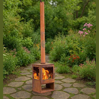 Rust-colored steel garden fire pit with glass viewing panel in blooming outdoor patio setting