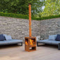 Woodford outdoor heater providing warmth between modern sofas on wooden deck