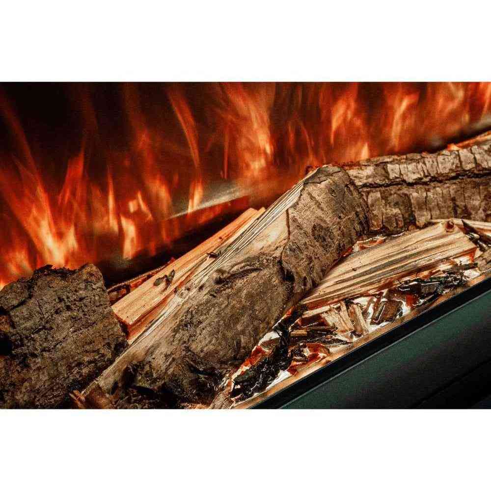 Close-up of Woodford Hestia electric fire log bed showing detailed bark texture and kindling flames