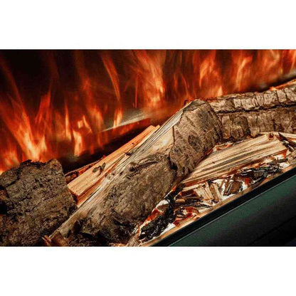 Close-up of Woodford Hestia electric fire log bed showing detailed bark texture and kindling flames