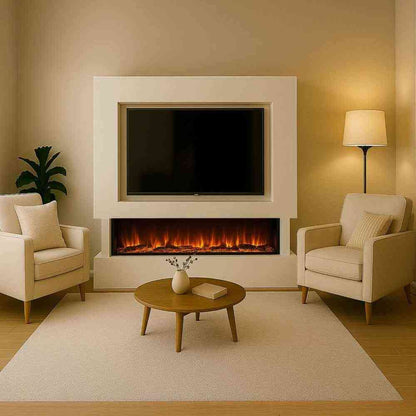White modern media wall installed in living room with mounted TV above Woodford electric fire
