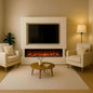 White modern media wall installed in living room with mounted TV above Woodford electric fire