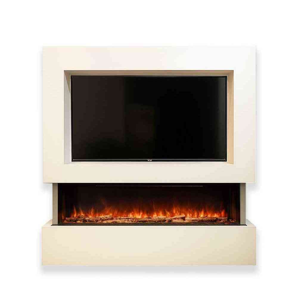 White Denver media wall suite with recessed TV frame and inset Woodford Hestia electric fire below