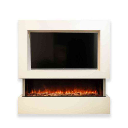 White Denver media wall suite with recessed TV frame and inset Woodford Hestia electric fire below
