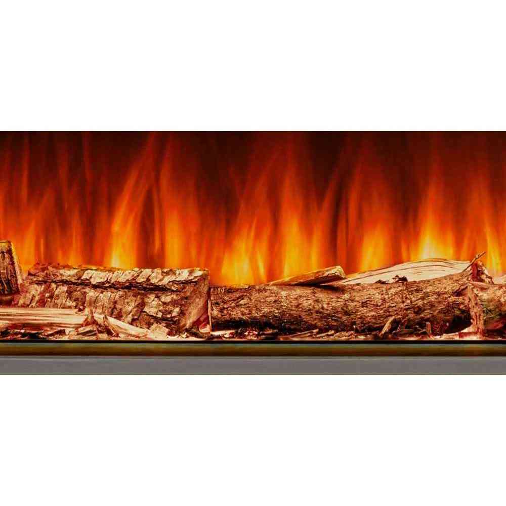 Woodford Hestia electric fire realistic log fuel bed with glowing orange flames and textured bark detail