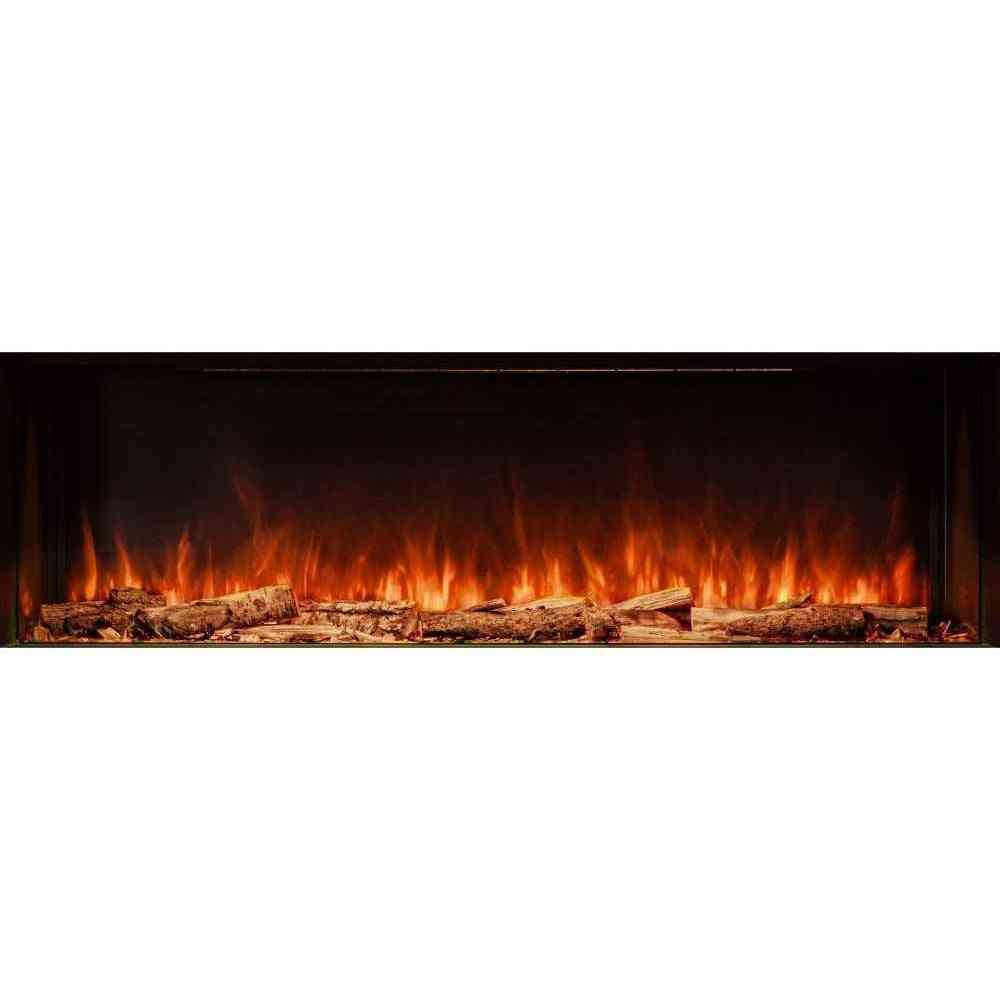 Full-width view of white Woodford Hestia electric fire with vibrant flame effect over log bed