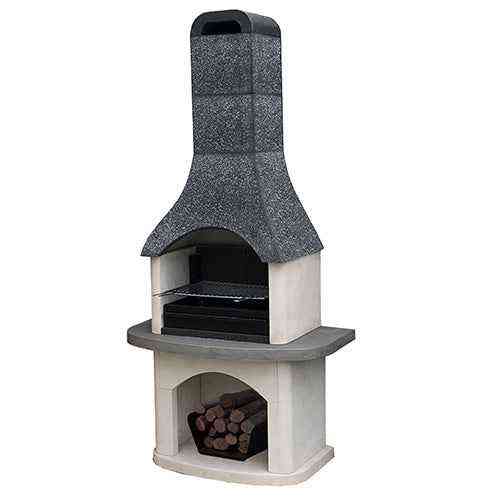 Woodford Sorrento masonry charcoal grill with limestone body and grey chimney