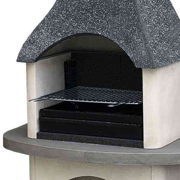 Close-up of charcoal grill grate inside Woodford Sorrento stone barbecue