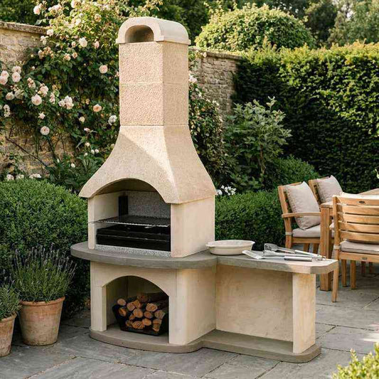 Woodford Verona masonry charcoal grill with limestone side table on patio
