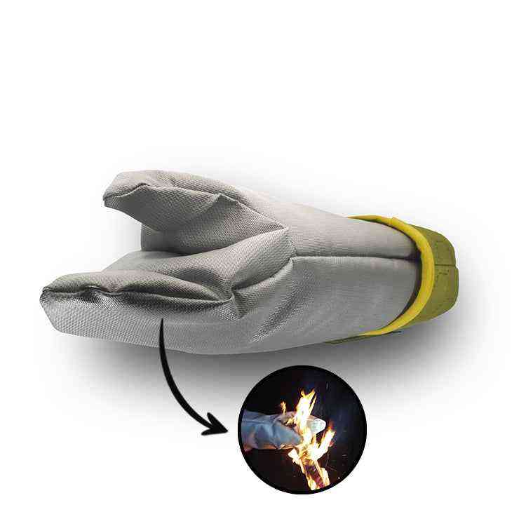 Grey heavy duty two-finger heat resistant BBQ glove for handling burning wood