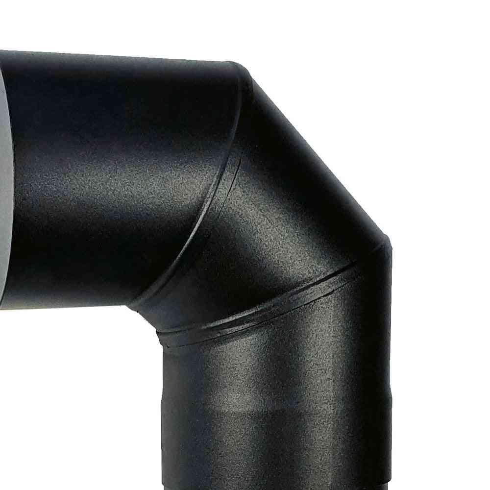 Close-up of a black decorative 90-degree bend pipe made of steel with matte finish, designed for modern fireplace and stove installations, SKU: 1033447
