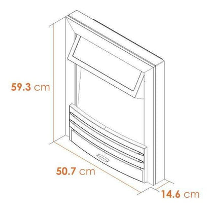Technical dimension outline drawing showing the height width and inset depth measurements for the Adam Eclipse fire
