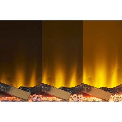 Three panel comparison diagram showing the adjustable amber LED flame brightness intensity levels above the realistic log fuel bed on the Aurora Aries fire
