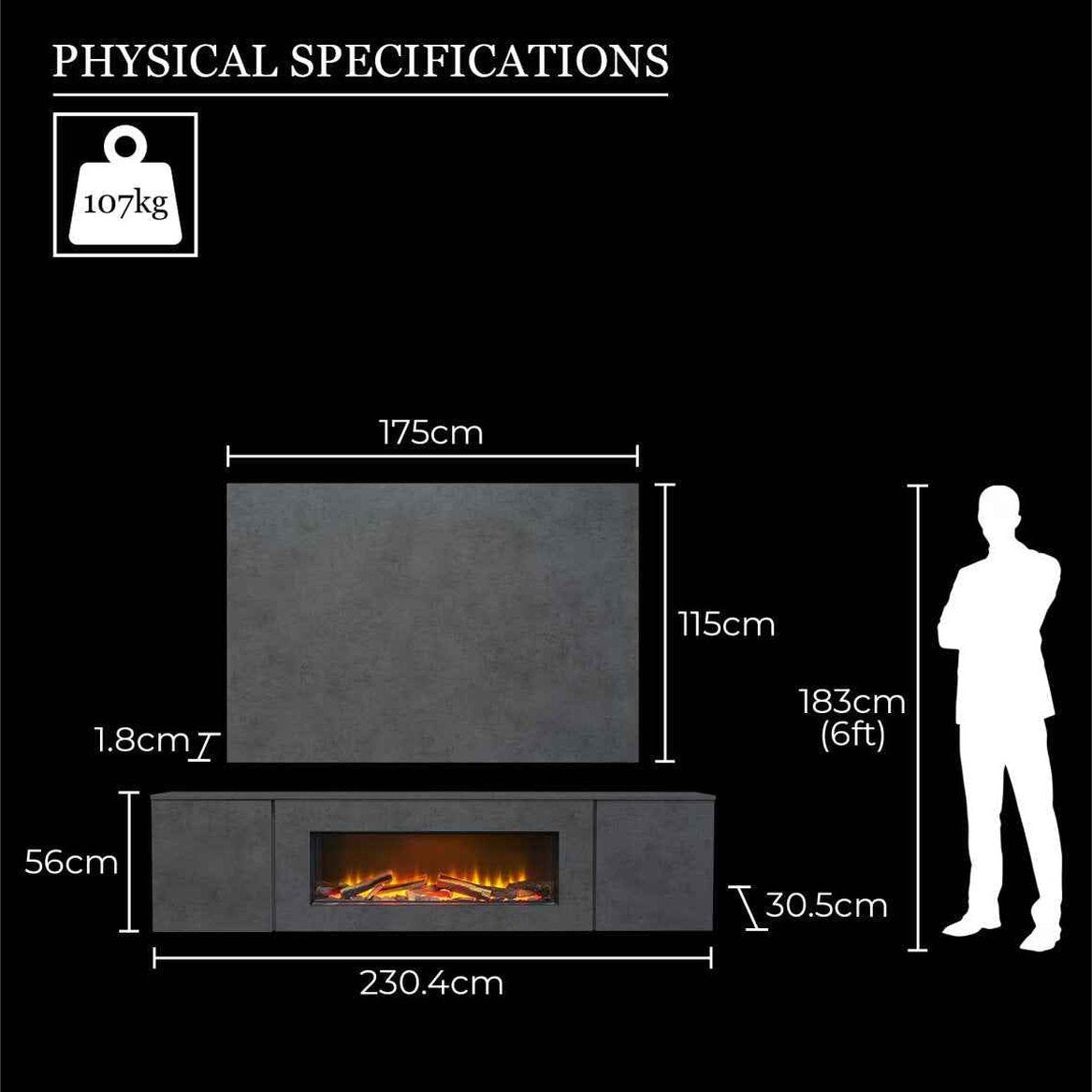 Technical dimension outline diagram showing the exact height width and physical weight specifications for the ninety one inch Aurora Aries media wall suite next to a human scale outline