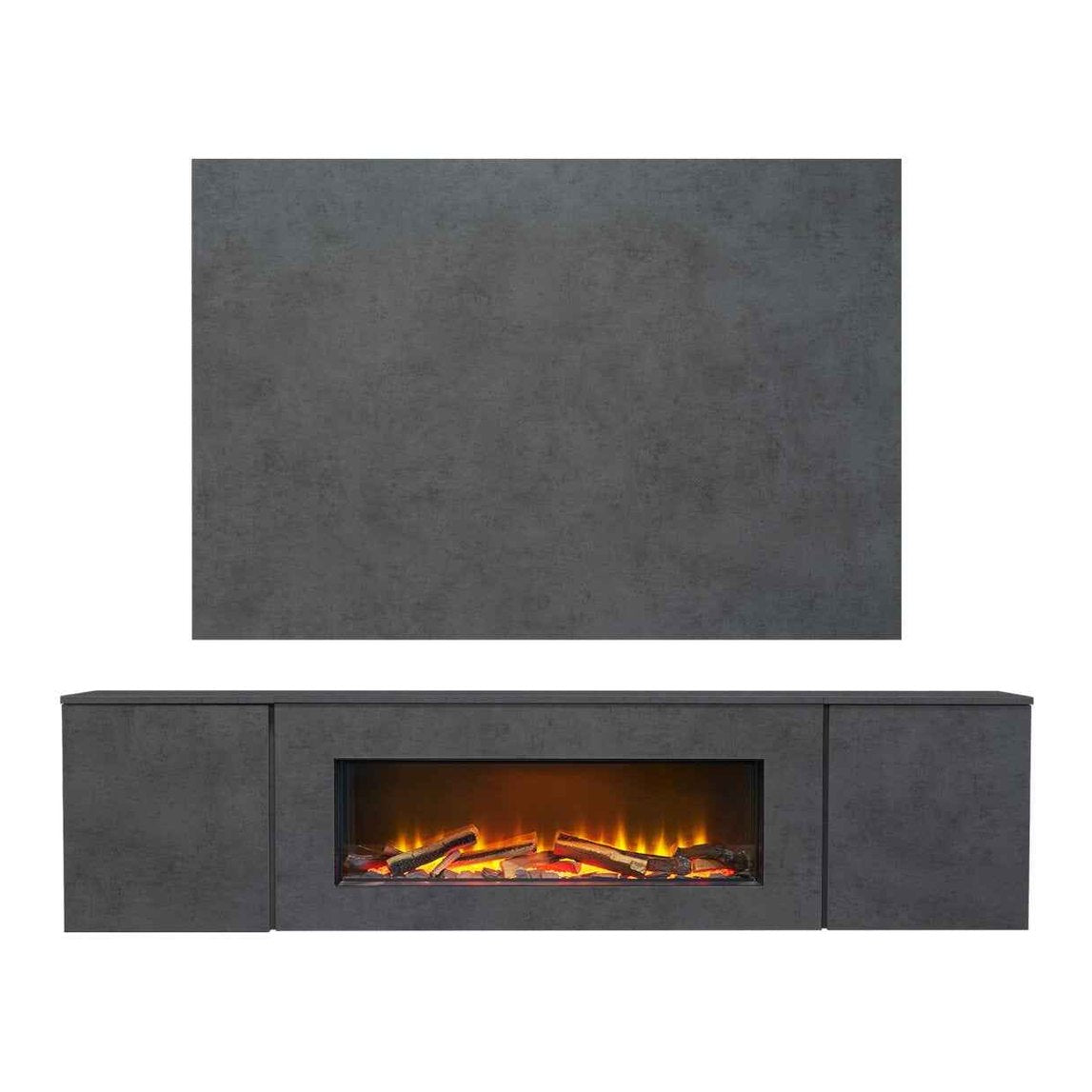 Front facing studio layout shot of the concrete grey Aurora Aries ninety one inch floating fireplace media suite displaying the lower base unit and top backboard