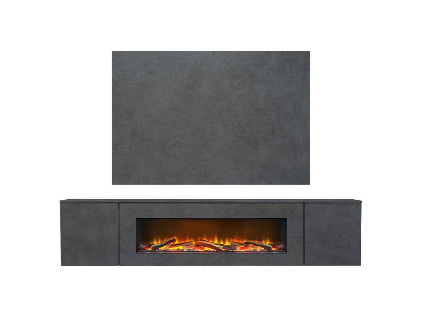 Aurora Aries XL 100 Inch electric floating media wall suite with a 65 inch slate effect TV backboard panel and 3D LED flame fire