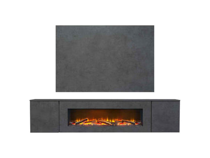 Aurora Aries XL 100 Inch electric floating media wall suite with a 65 inch slate effect TV backboard panel and 3D LED flame fire