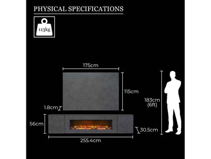 Technical dimension diagram showing the width height and depth specifications for the 100 inch Aurora Aries XL media wall fireplace suite