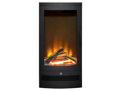 Front isolated studio view of the Aurora Delta black contemporary round electric stove model 26569 showcasing the full glass viewing window.
