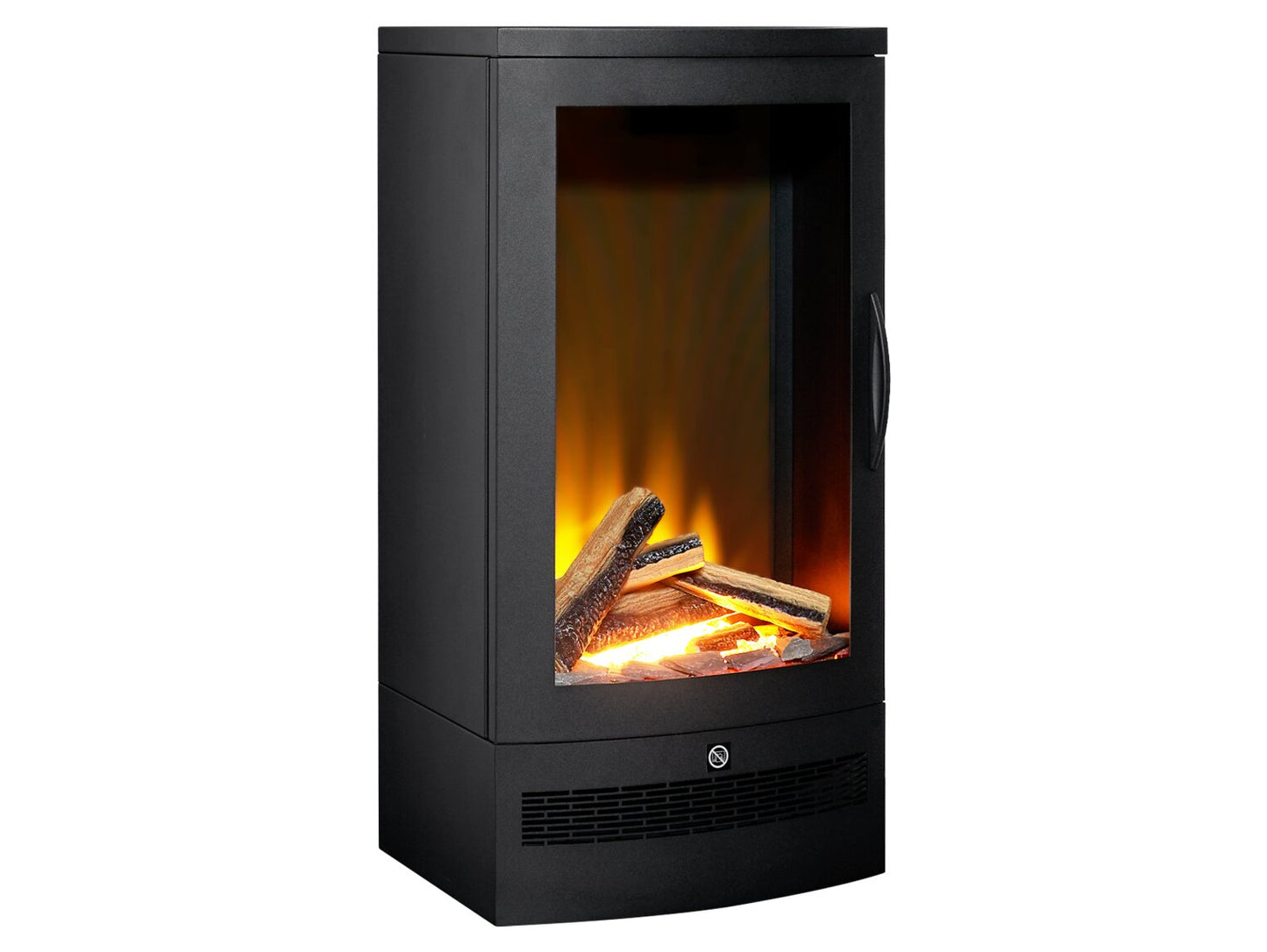 Angled profile view of the Aurora Delta black cylindrical electric stove featuring a premium glass front and realistic glowing log fuel bed.
