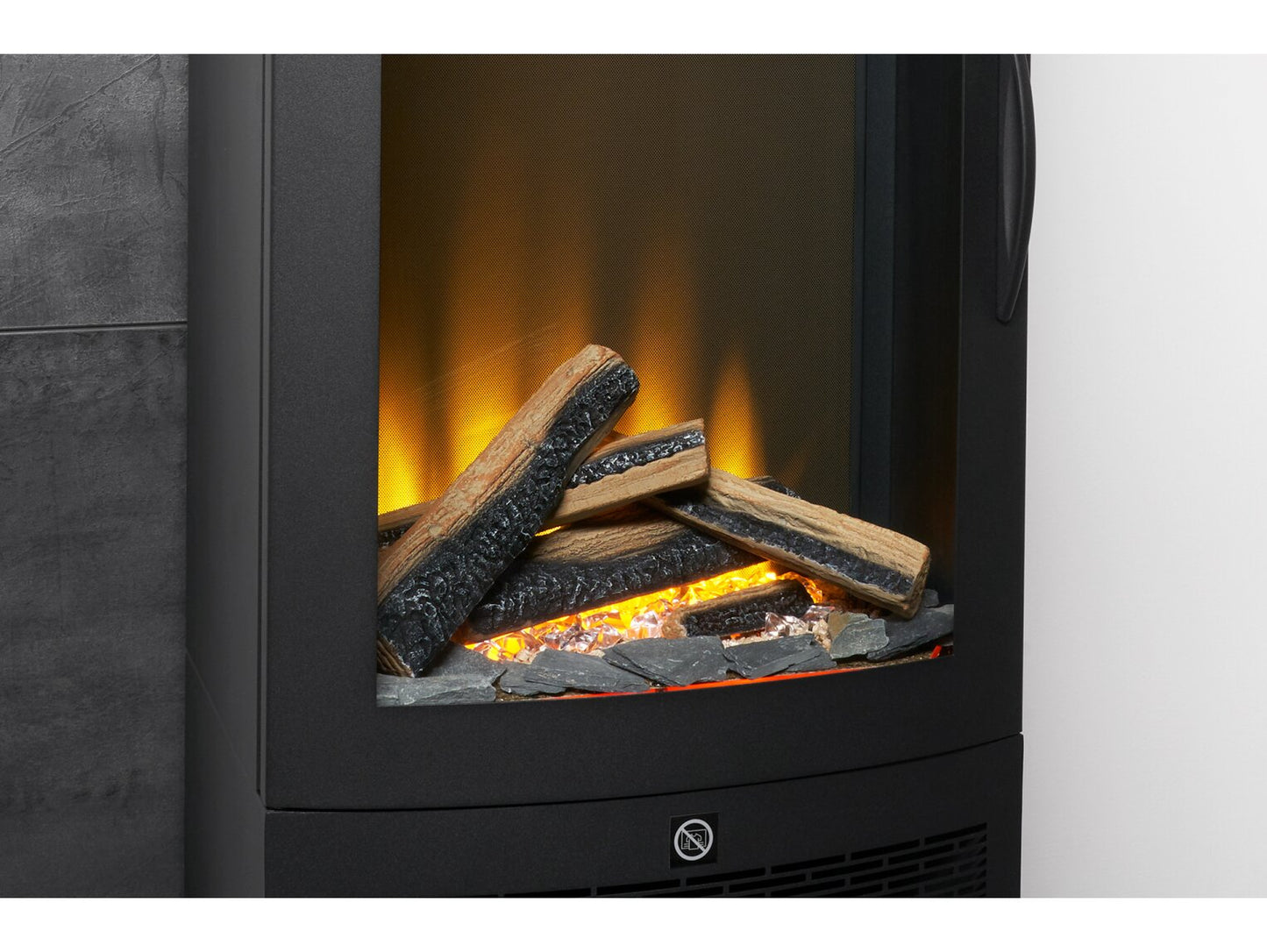 Close-up detailed view of the Aurora Delta electric fire showing the dimmable LED flame effect technology and multi-media log fuel bed.
