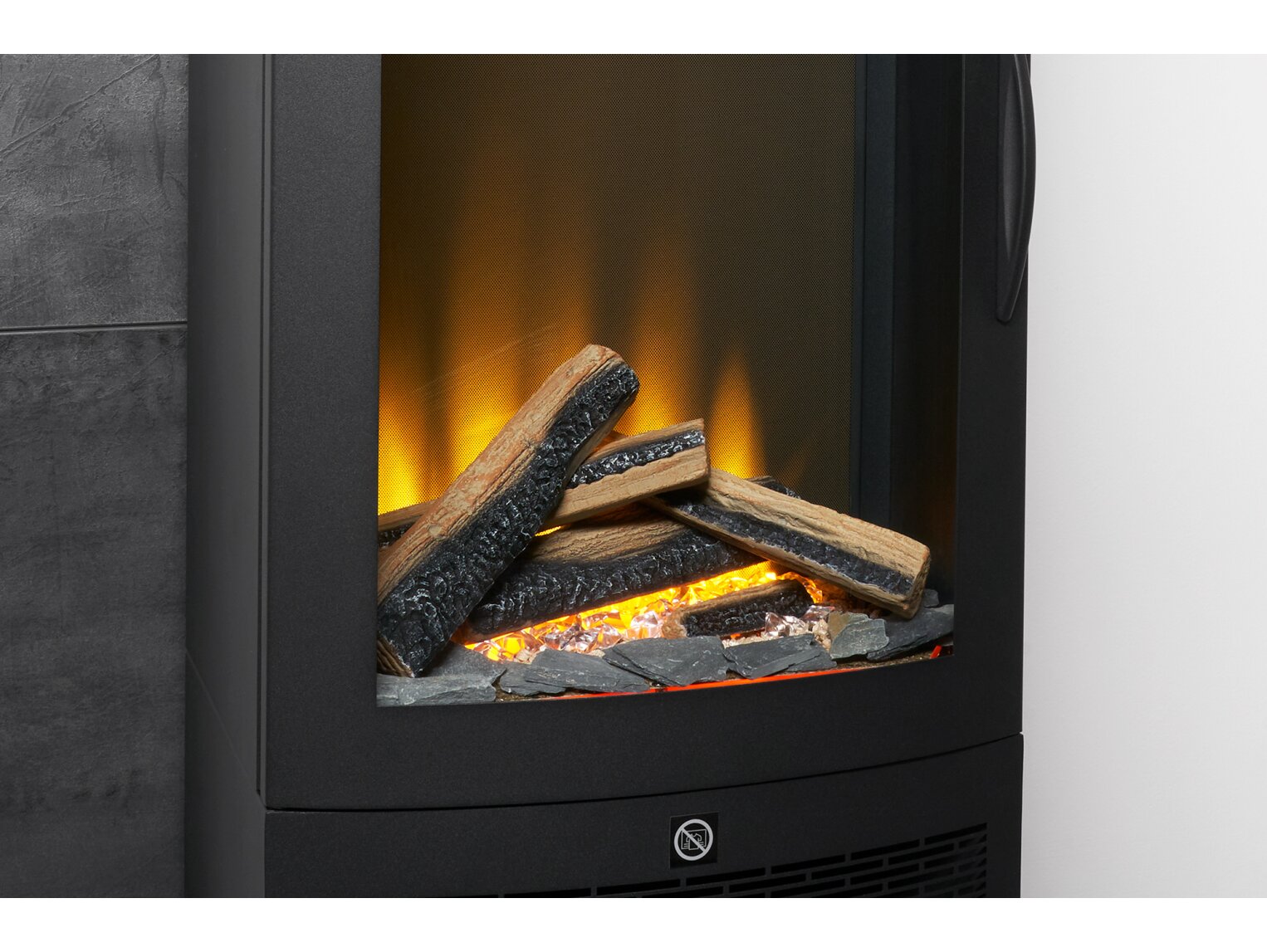 Close-up detailed view of the Aurora Delta electric fire showing the dimmable LED flame effect technology and multi-media log fuel bed.
