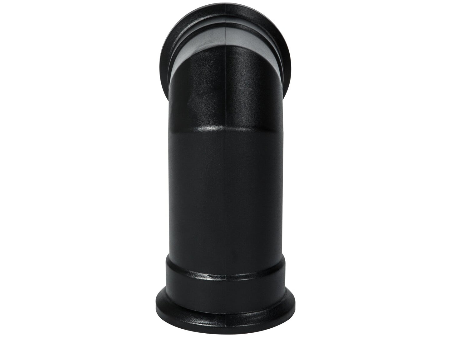 Studio view of the Aurora short angled black decorative dummy stove pipe accessory for freestanding electric fireplaces, shown on a white background.