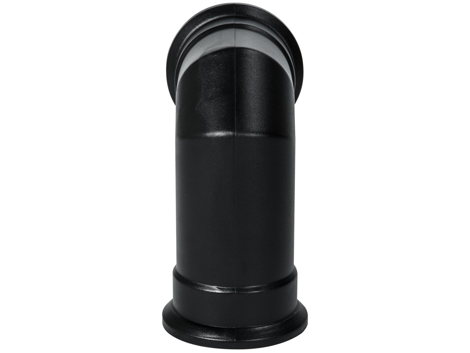 Studio view of the Aurora short angled black decorative dummy stove pipe accessory for freestanding electric fireplaces, shown on a white background.