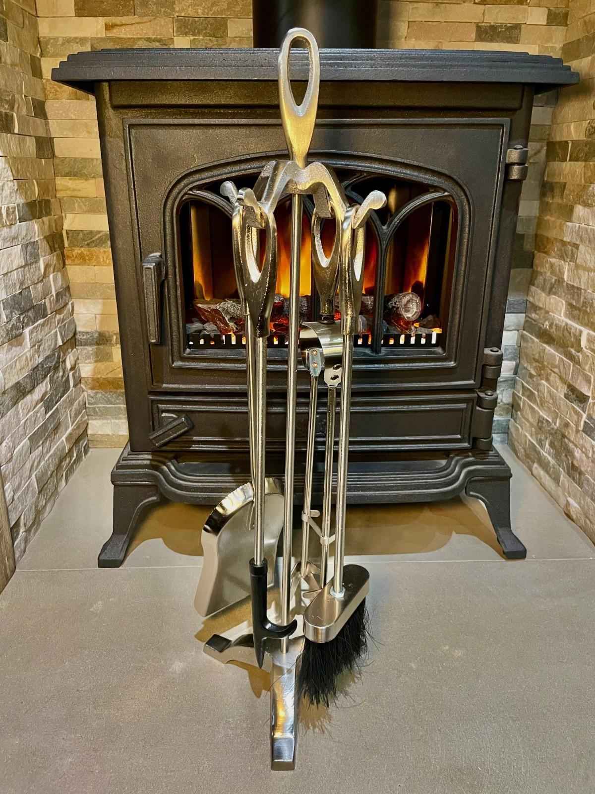 Contemporary Silver Fireplace Companion Set –  Tool Stand & 4 Tools