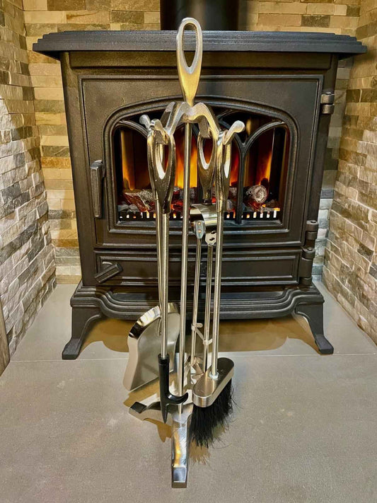 Contemporary Silver Fireplace Companion Set –  Tool Stand & 4 Tools