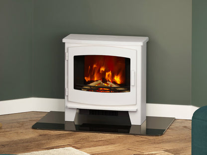 Angled view of the freestanding Beacon electric stove appliance positioned on a hearth with a realistic glowing log flame effect.