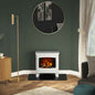 Ash White Beacon large electric stove fireplace standing on a black hearth inside a modern green living room.