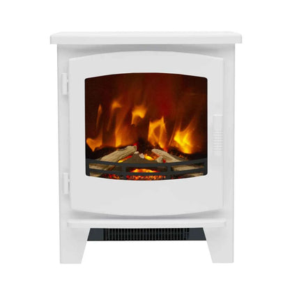 Front-facing studio shot of the white timber frame Beacon large electric stove showing the panoramic viewing window and active fire flame.
