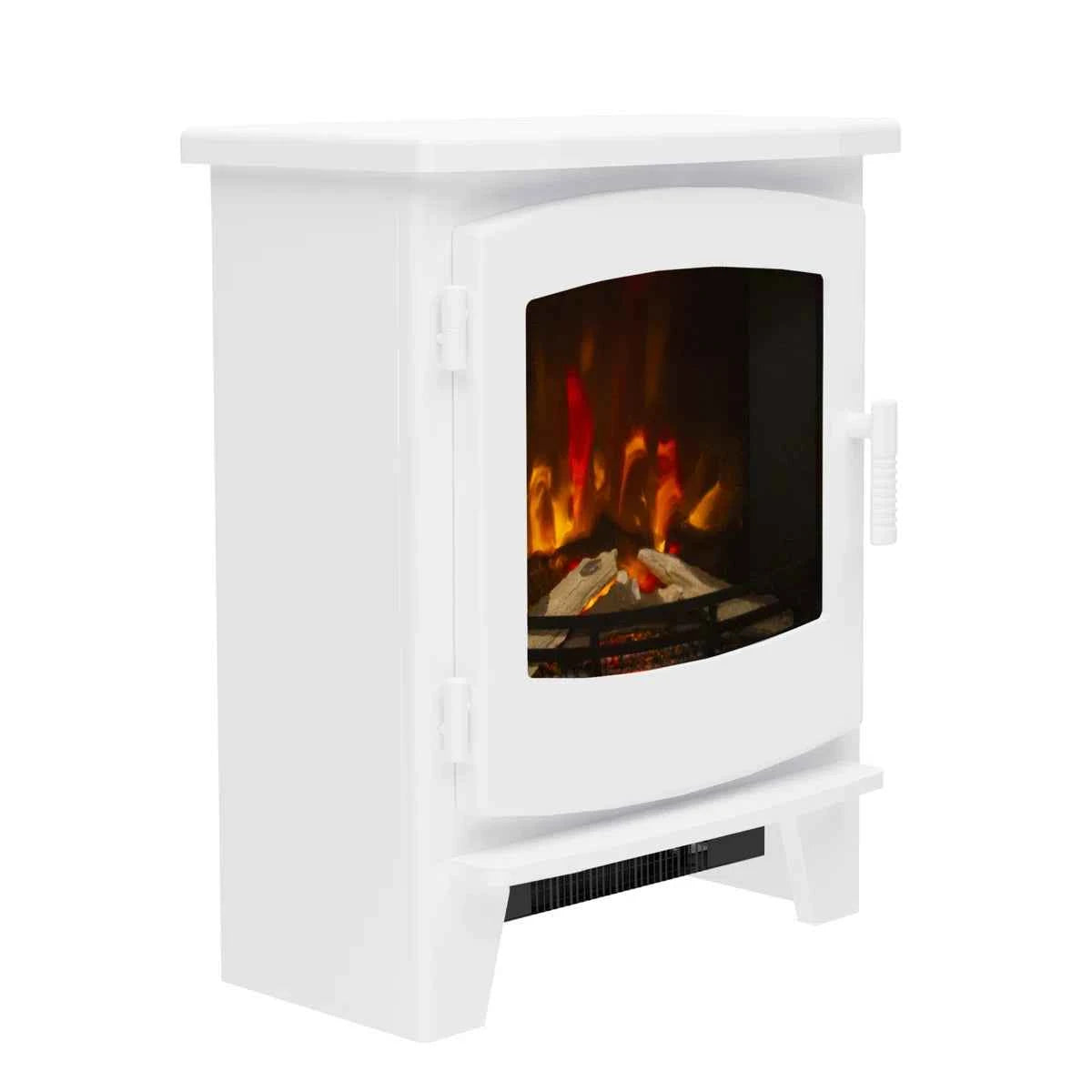 Three-quarter side angle of the freestanding white Beacon electric stove emphasizing its clean lines and timber casing design.
