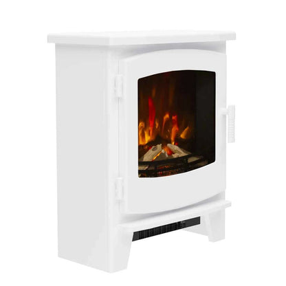 Three-quarter side angle of the freestanding white Beacon electric stove emphasizing its clean lines and timber casing design.