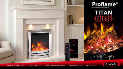 Proflame Titan Pulse electric fire with chrome fascia, logs, ember pulse tech, app control, installed in a stylish living room fireplace