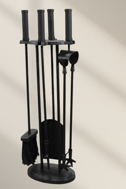 Calfire Ercall Black Companion Set 27097 modern 4 piece fireside tool set with matching stand poker tongs brush shovel