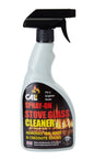  500ml spray-on stove glass cleaner bottle with black trigger, designed to remove tar, soot, and creosote stains.
